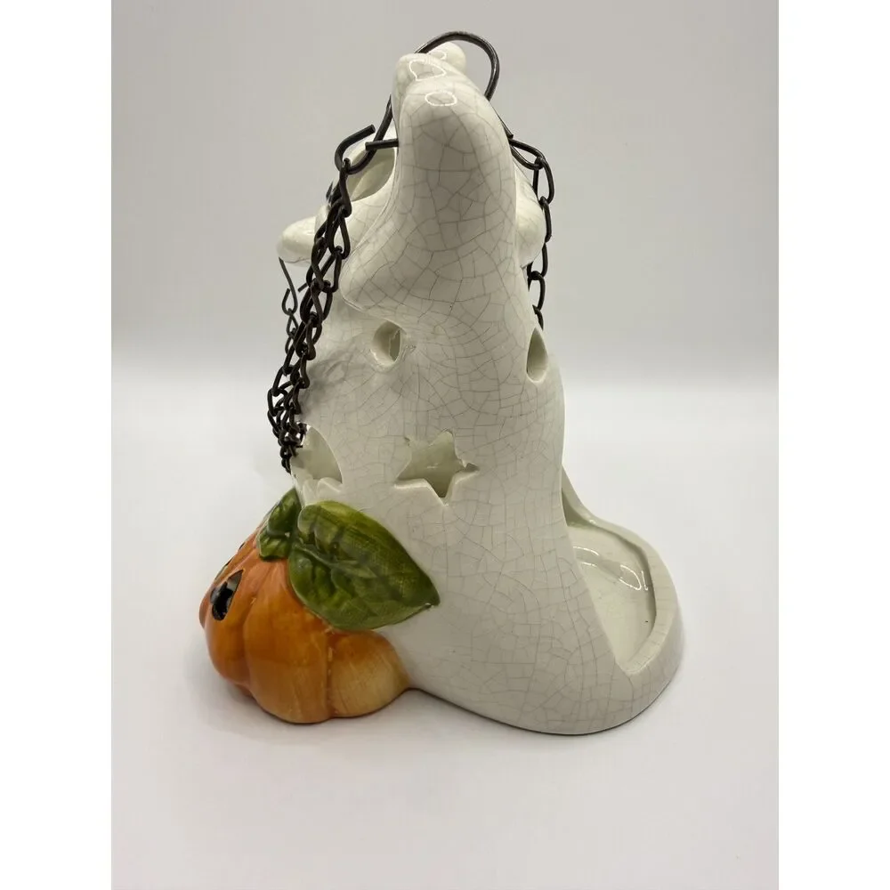 Vintage Ceramic Halloween Ghost Candle Holder Hanging Lantern Chain Pumpkins Set